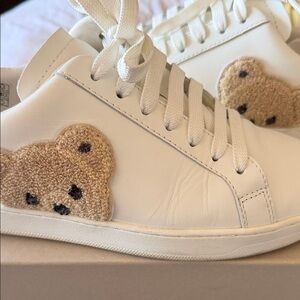 White Kids Sneakers with Tan Bear Accent